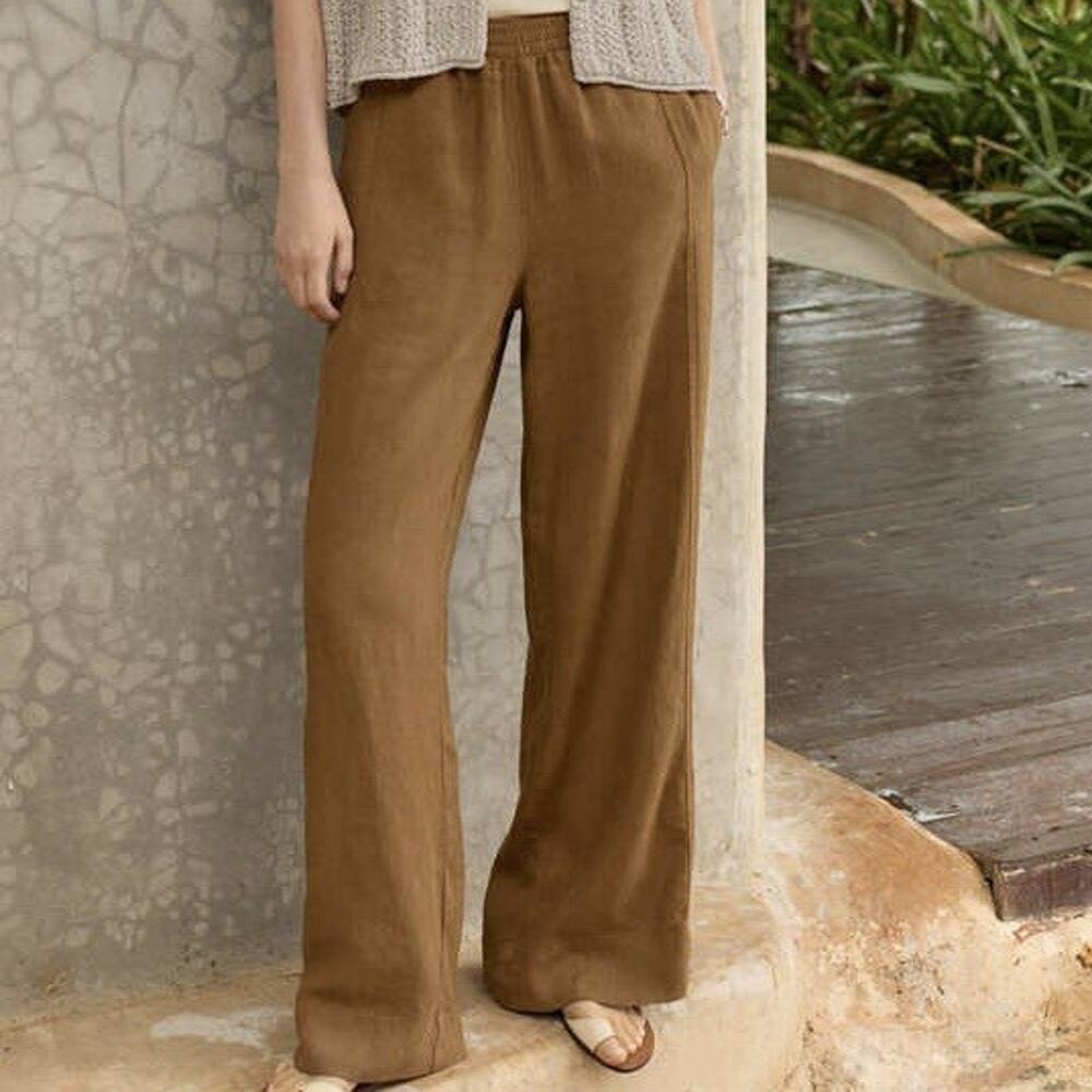 Poetry Garment Dyed Linen Wide Leg Pants Womens US 6 Brown Pull On Coastal Beach